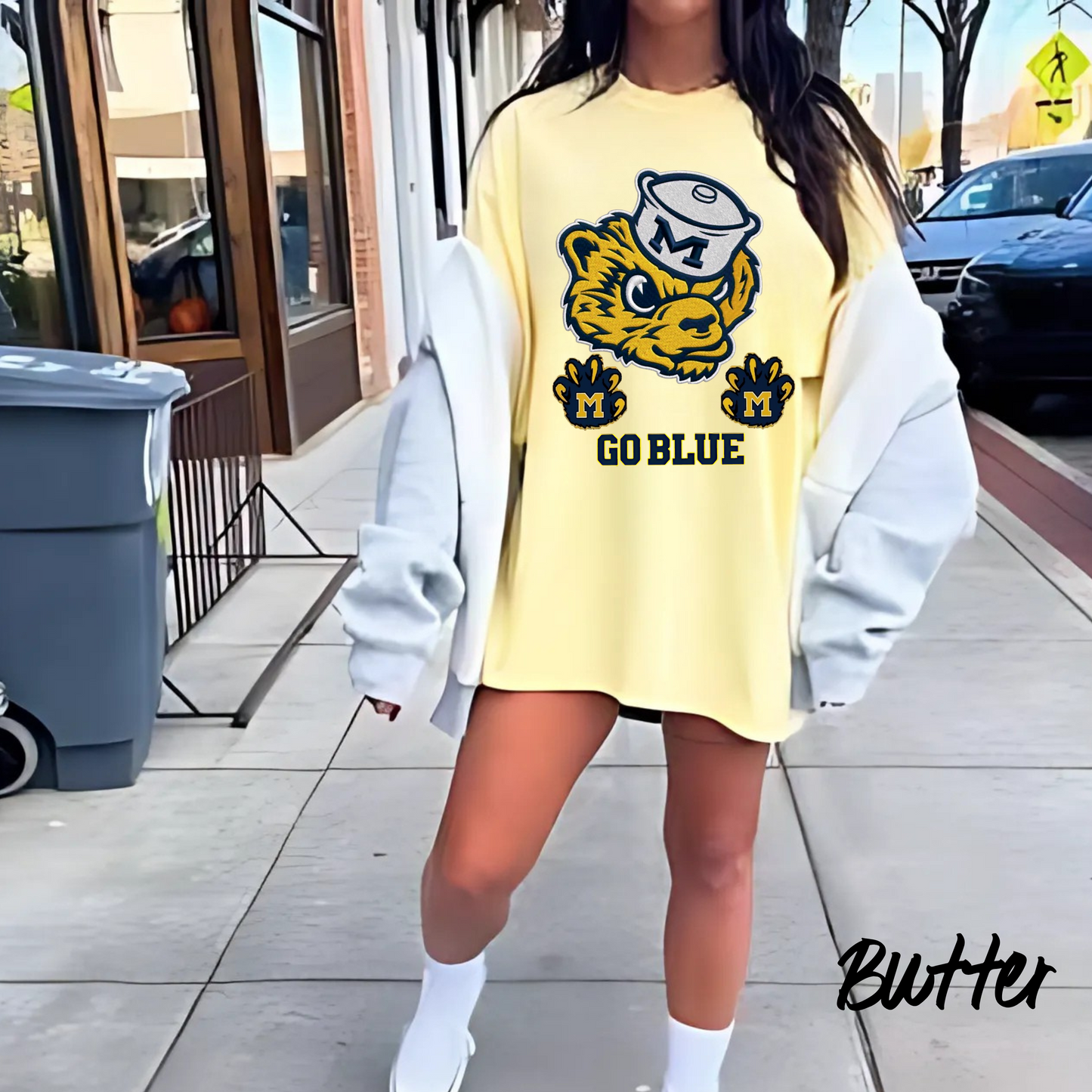 Go Blue Vintage Mascot Tee Matches Nike Dunk High SE University Maize & Midnight Navy | Wolverine Fan Shirt