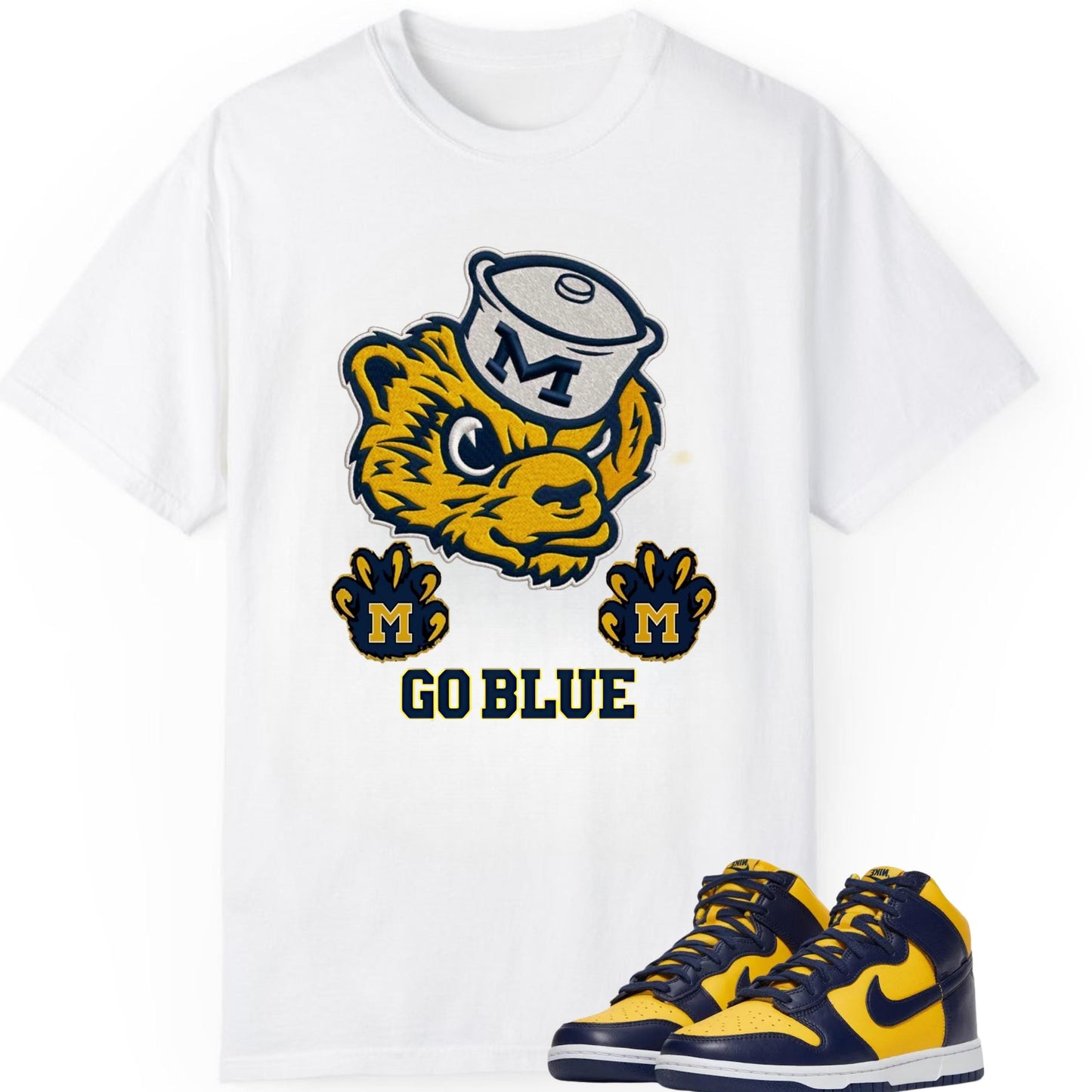 Go Blue Vintage Mascot Tee Matches Nike Dunk High SE University Maize & Midnight Navy | Wolverine Fan Shirt
