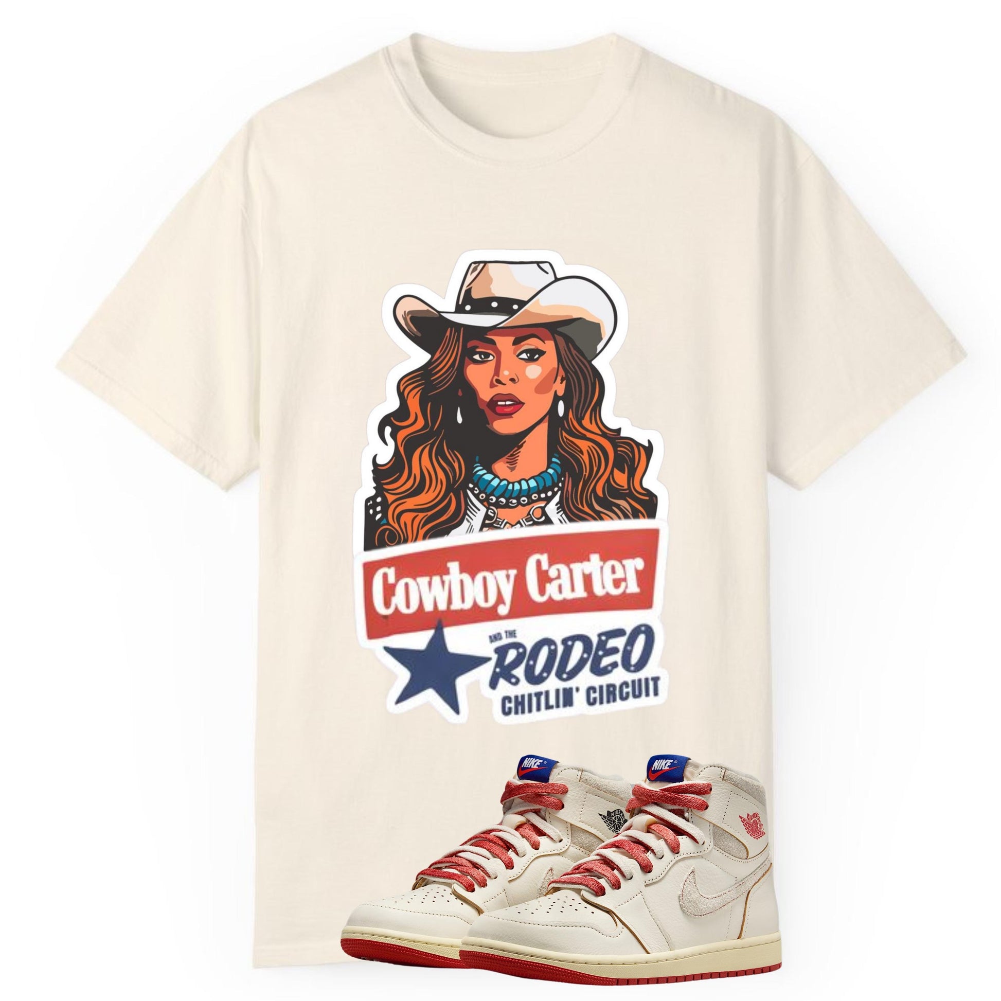 Comfort Colors T-shirt featuring an illustrated Beyoncé as Cowboy Carter in a star-studded cowboy hat, designed to match the Jordan 1 Retro Rare Air Cinnabar and Sail sneakers with rodeo and western-style tones.
